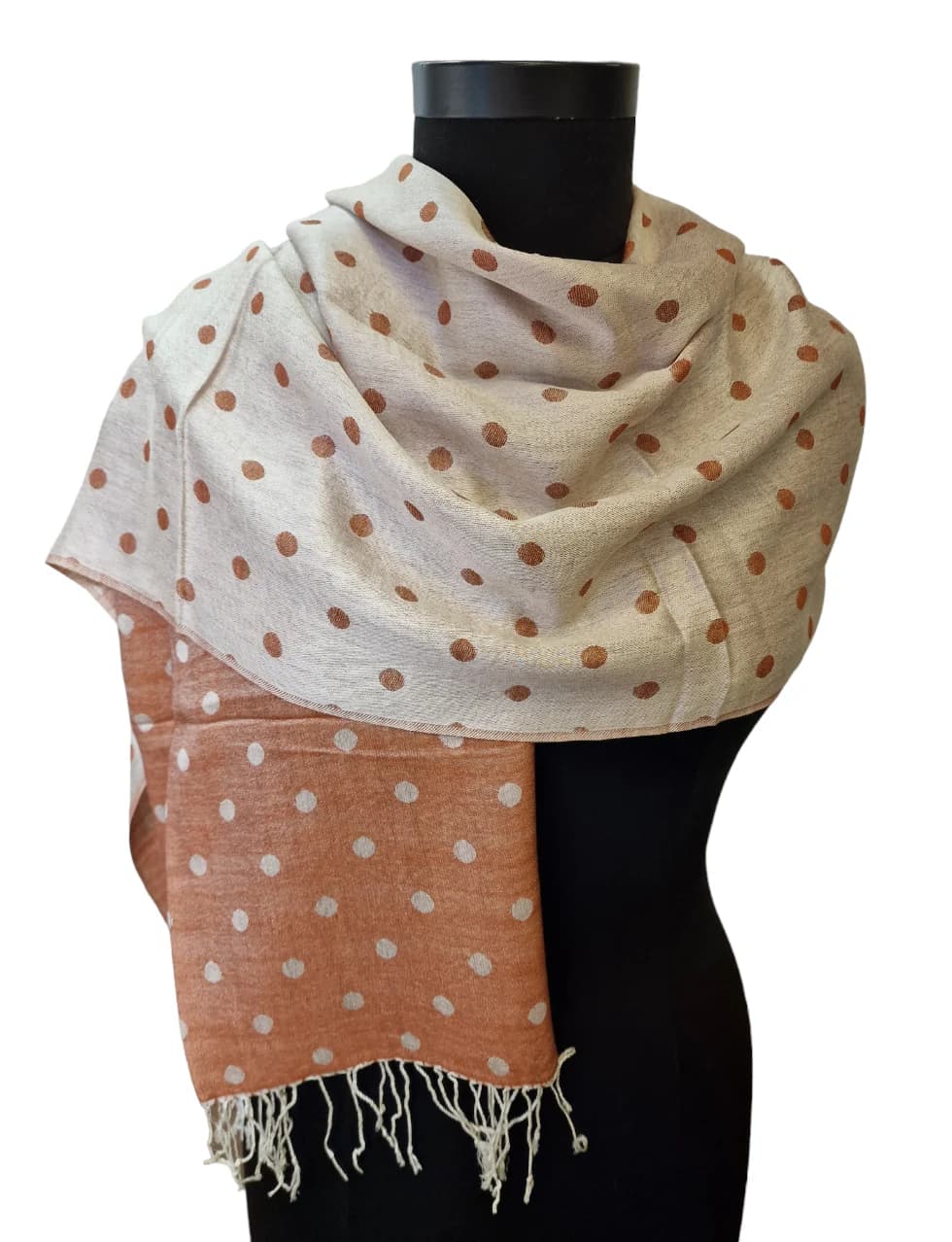 BROWN AND WHITE SILK SCARF WITH POLKA DOTS