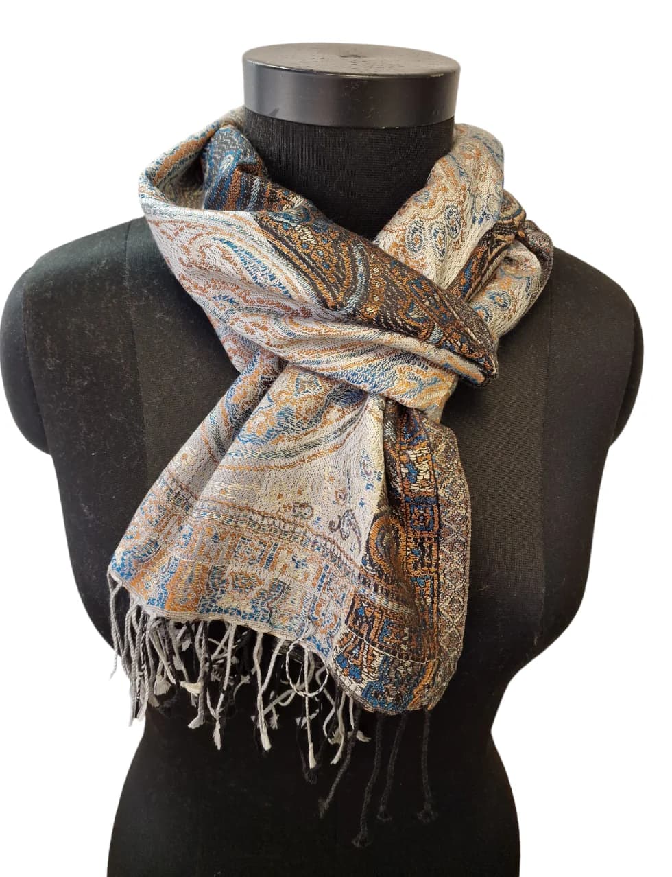 SILVER BLACK BEIGE AND BLUE JACQUARD WOVEN SILK SCARF
