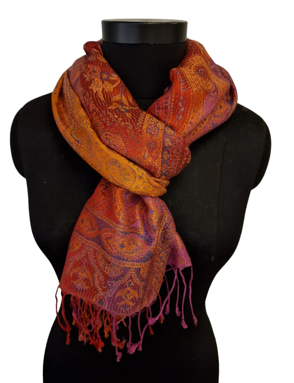 PINK, RED AND GOLDEN PAISLEY SILK SCARF