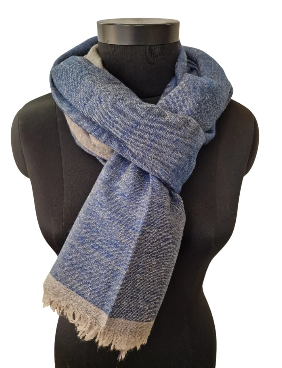 BLUE AND SILVER GRAY TWO-SIDED PASHMINA SHAWL