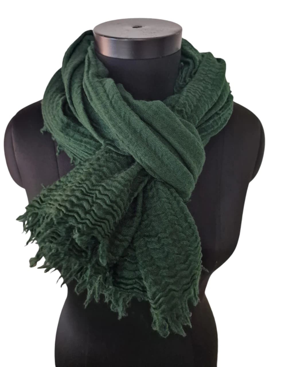 LARGE FOREST GREEN WOOLEN SCARF WITH RUFFLED FRINGES