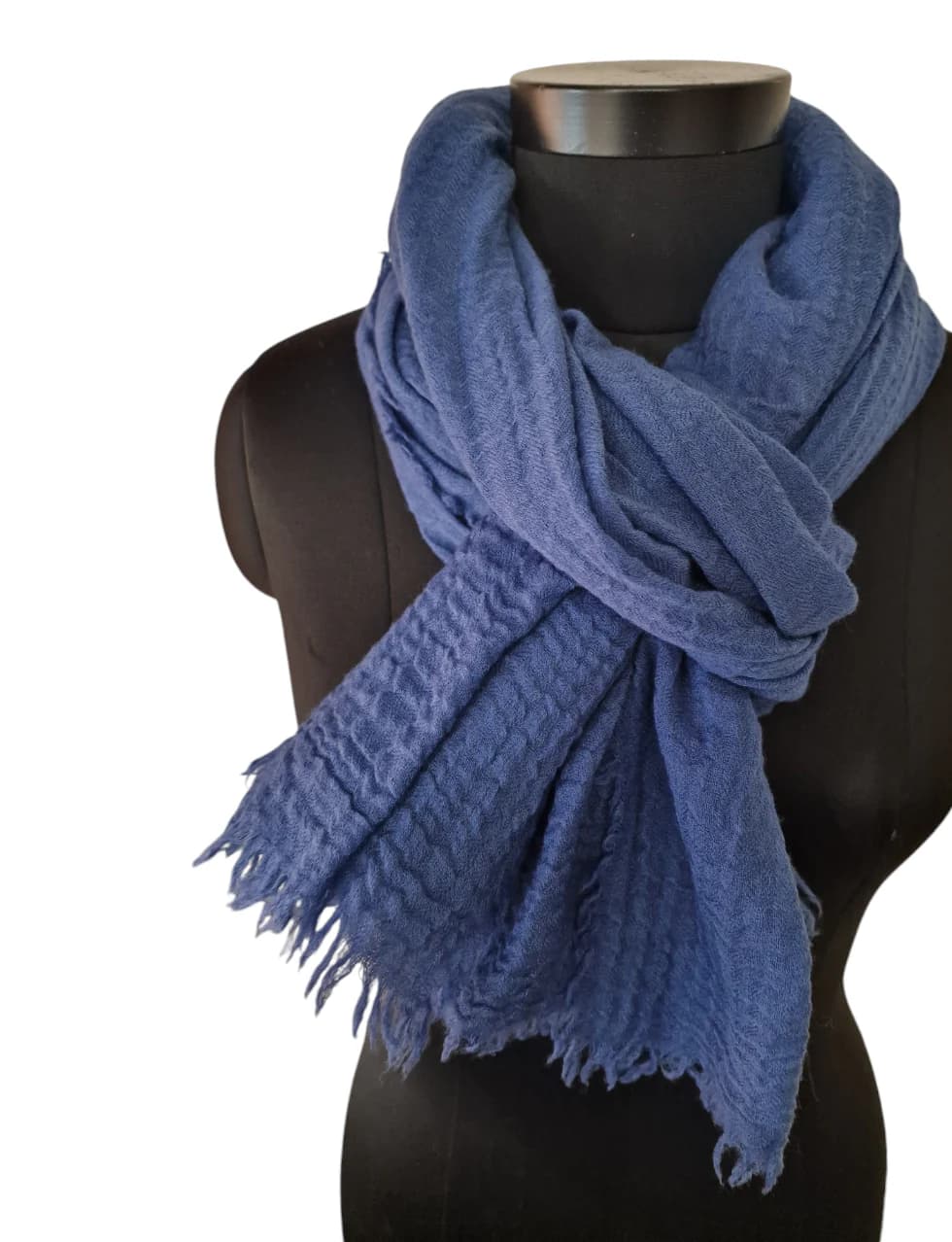 LARGE LAPIS BLUE WOOLEN SCARF WITH COOL FRINGES