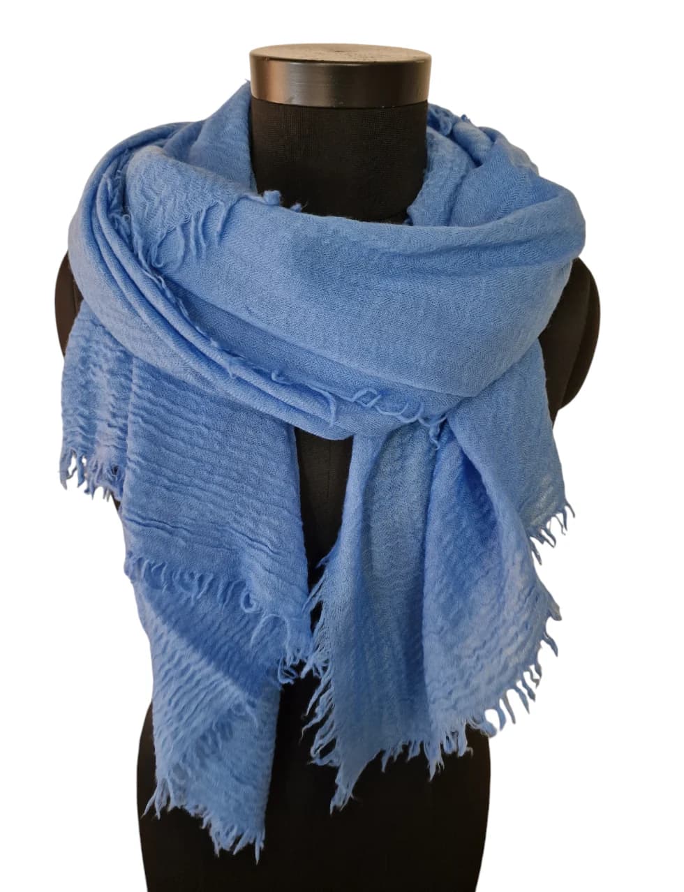 LARGE MEDIUM BLUE WOOLEN SCARF WITH COOL FRINGES