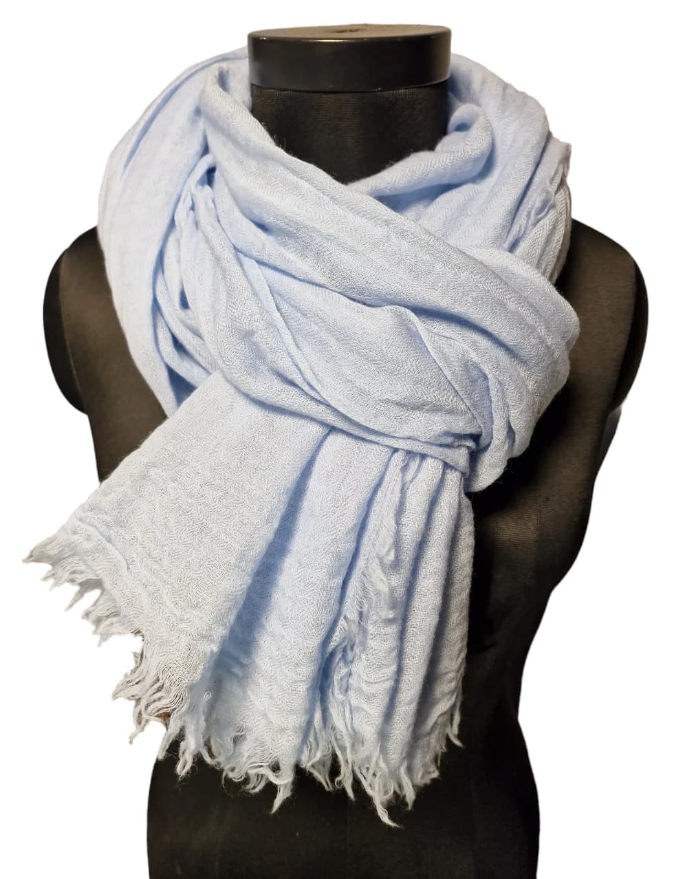 LARGE BRIGHT LIGHT BLUE WOOLEN SCARF WITH ROUGH FRINGES