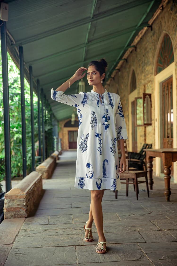 BOTANICAL TASSLE KURTA COTTON PERSIAN BLUE