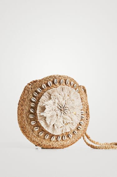 ROUND EMBELLISHED JUTE CROSSBODY BAG