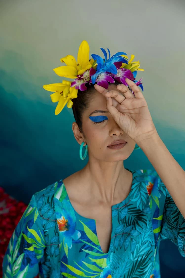 PERSIAN LEAF ZEN MIDI DRESS LINEN BLUE