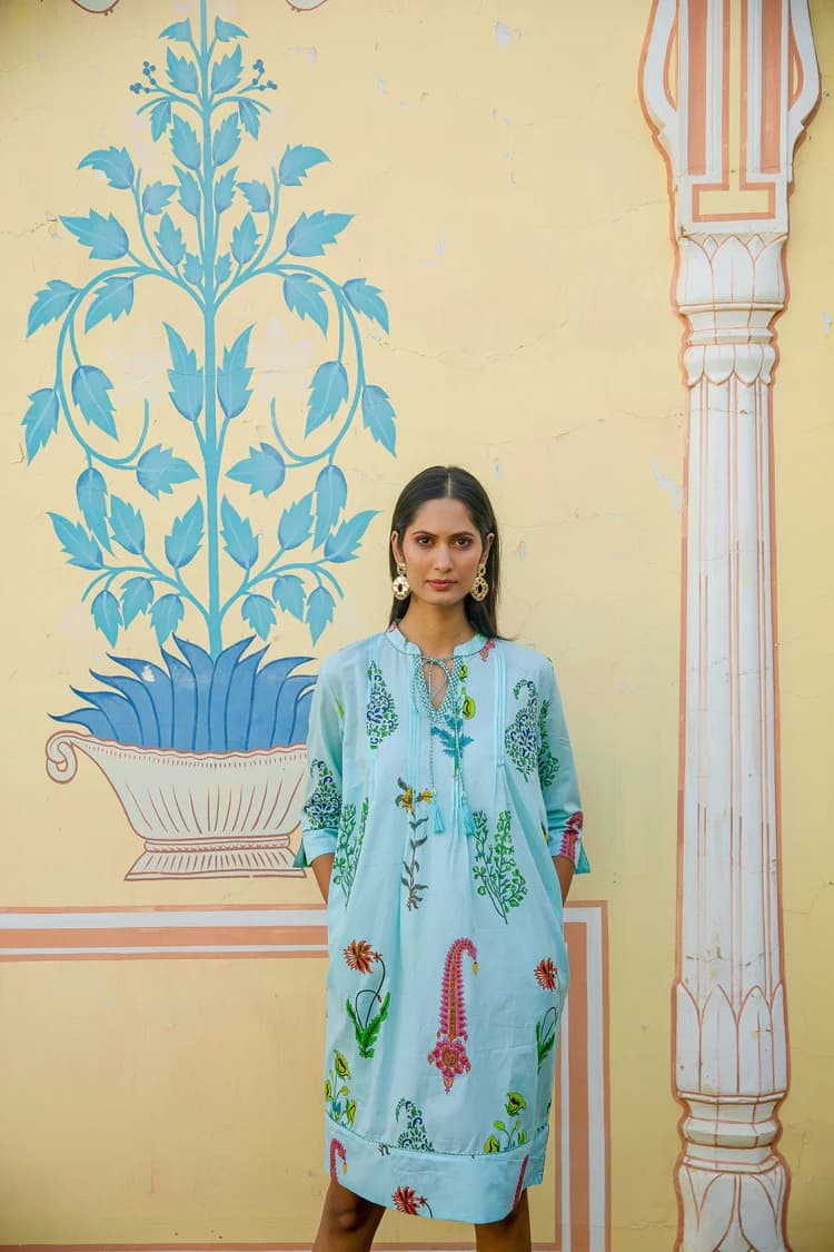 BOTANICAL TASSLE KURTA COTTON PERSIAN BLUE