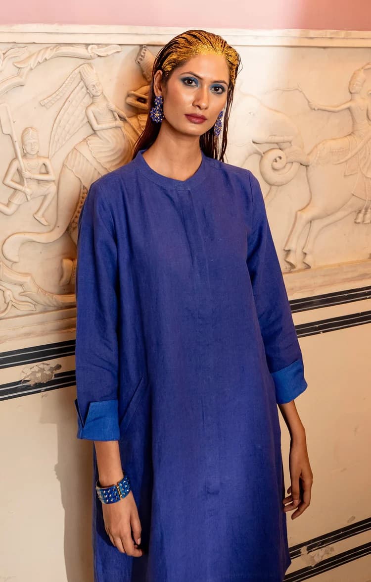 ULTRA SUPER MIX COAT DRESS LINEN ULTRAMARINE