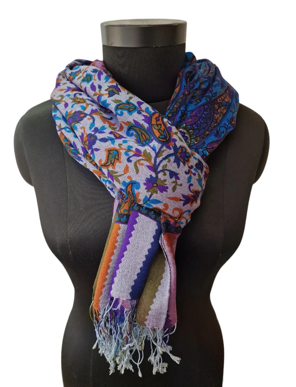 BLUE-GREY CASHMERE/SILK SCARF WITH SCREEN PRINTED PATTERN