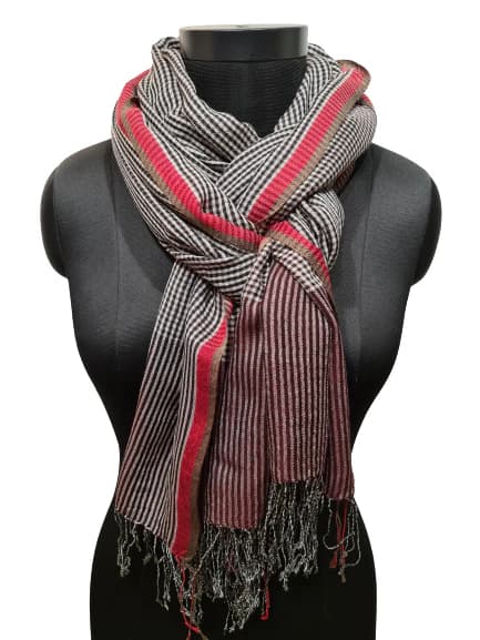 STRIPED BEIGE AND MAROON SCARF IN CASHMERE AND SILK