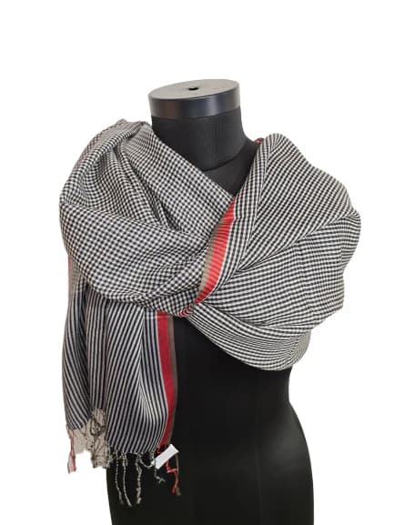 CASHMERE AND SILK SCARF WITH CHECKS AND STRIPES IN WHITE, BLUE AND BLACK