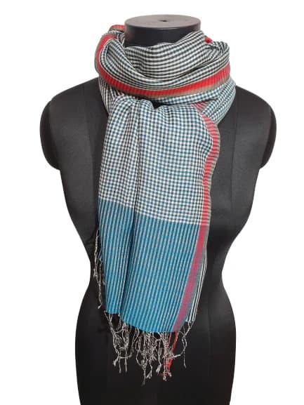 CASHMERE AND SILK SCARF WITH CHECKS AND STRIPES IN WHITE BLACK AND SEA GREEN
