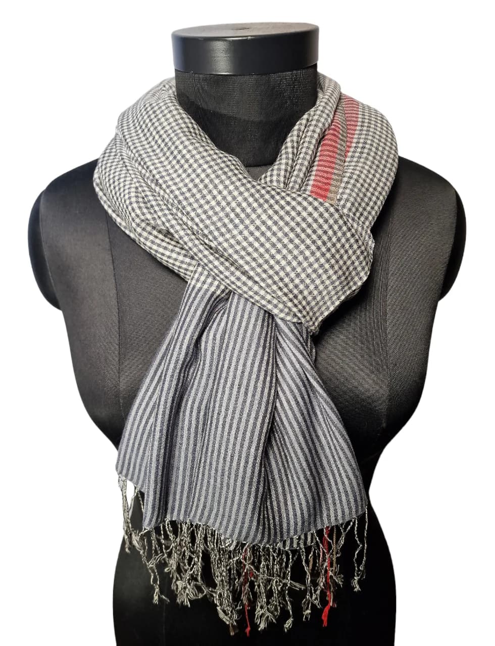 CASHMERE AND SILK SCARF WITH CHECKS AND STRIPES IN WHITE, BROWN AND GREY
