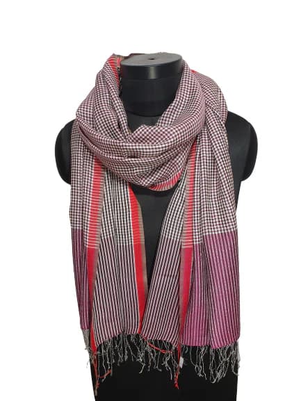 CASHMERE AND SILK SCARF WITH CHECKS AND STRIPES IN BLACK, WHITE AND PURPLE/ DARK PINK COLORS