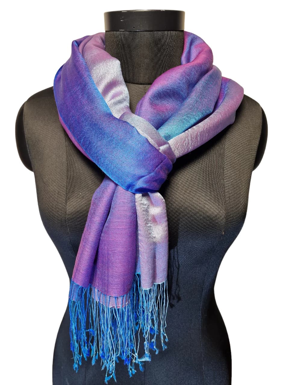 MULBERRY SILK AND CASHMERE SCARF IN RED/PINK/PURPLE AND BLUE