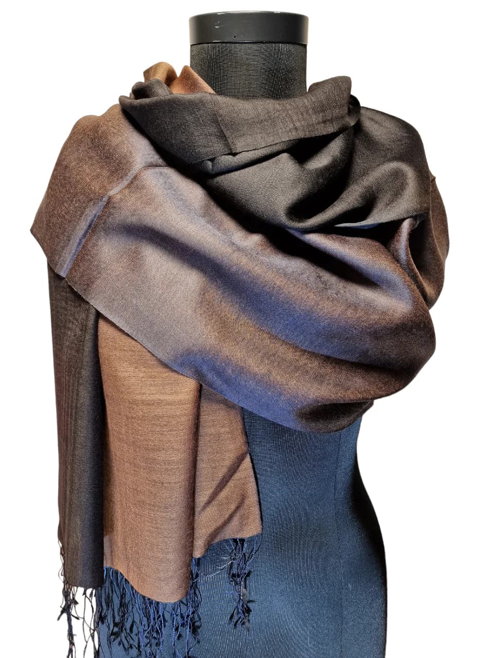 MULBERRY SILK CASHMERE SHAWL IN BLACK, BROWN AND A HINT OF BLUE