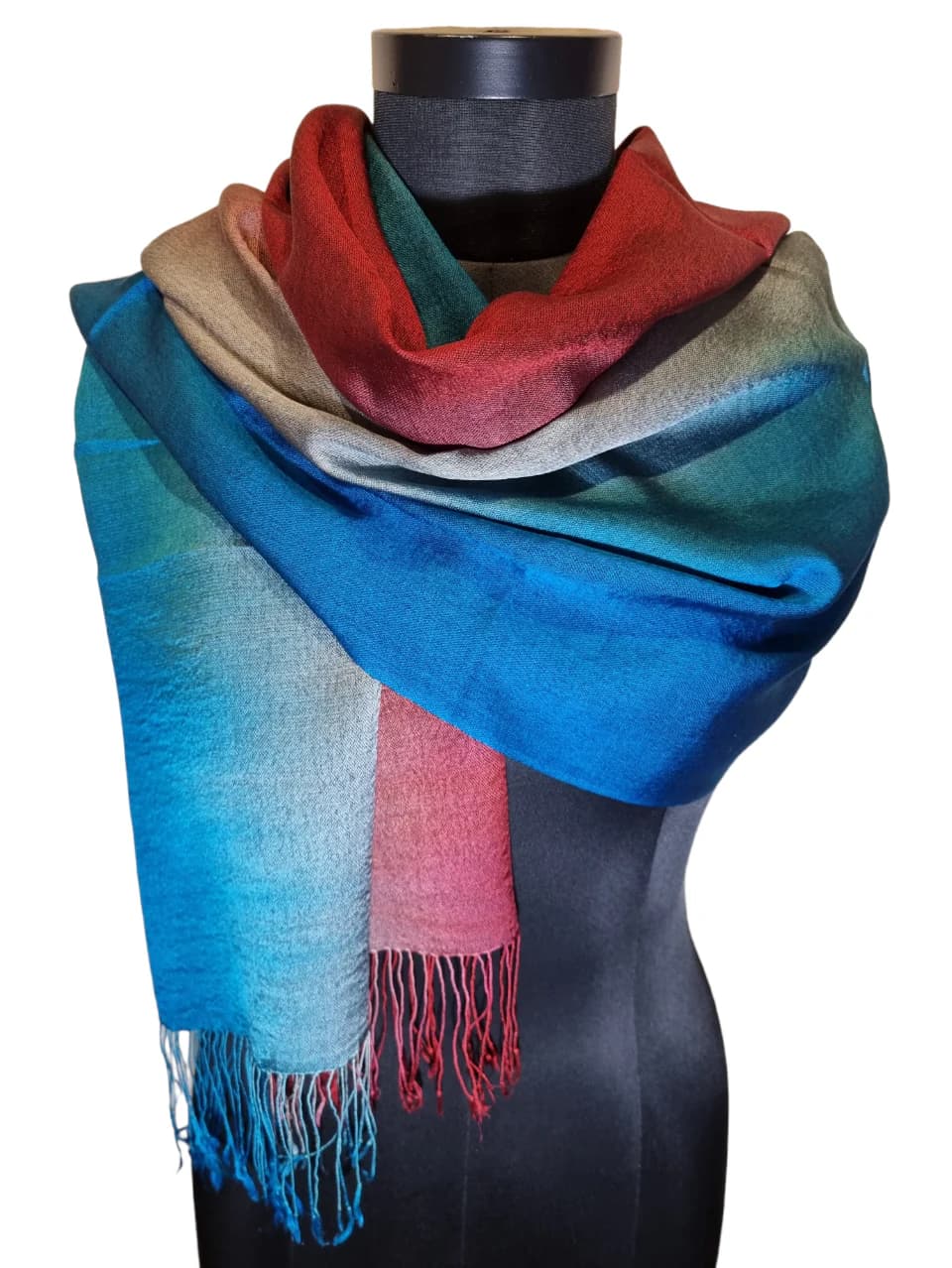 KASHMIR SILK SCARF IN VARIATIONS OF RED, GRAY AND BLUE
