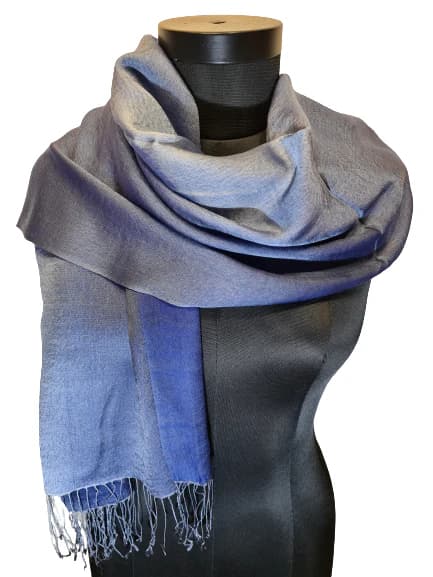BLUE AND SILVER CASHMERE AND MULBERRY SILK SCARF