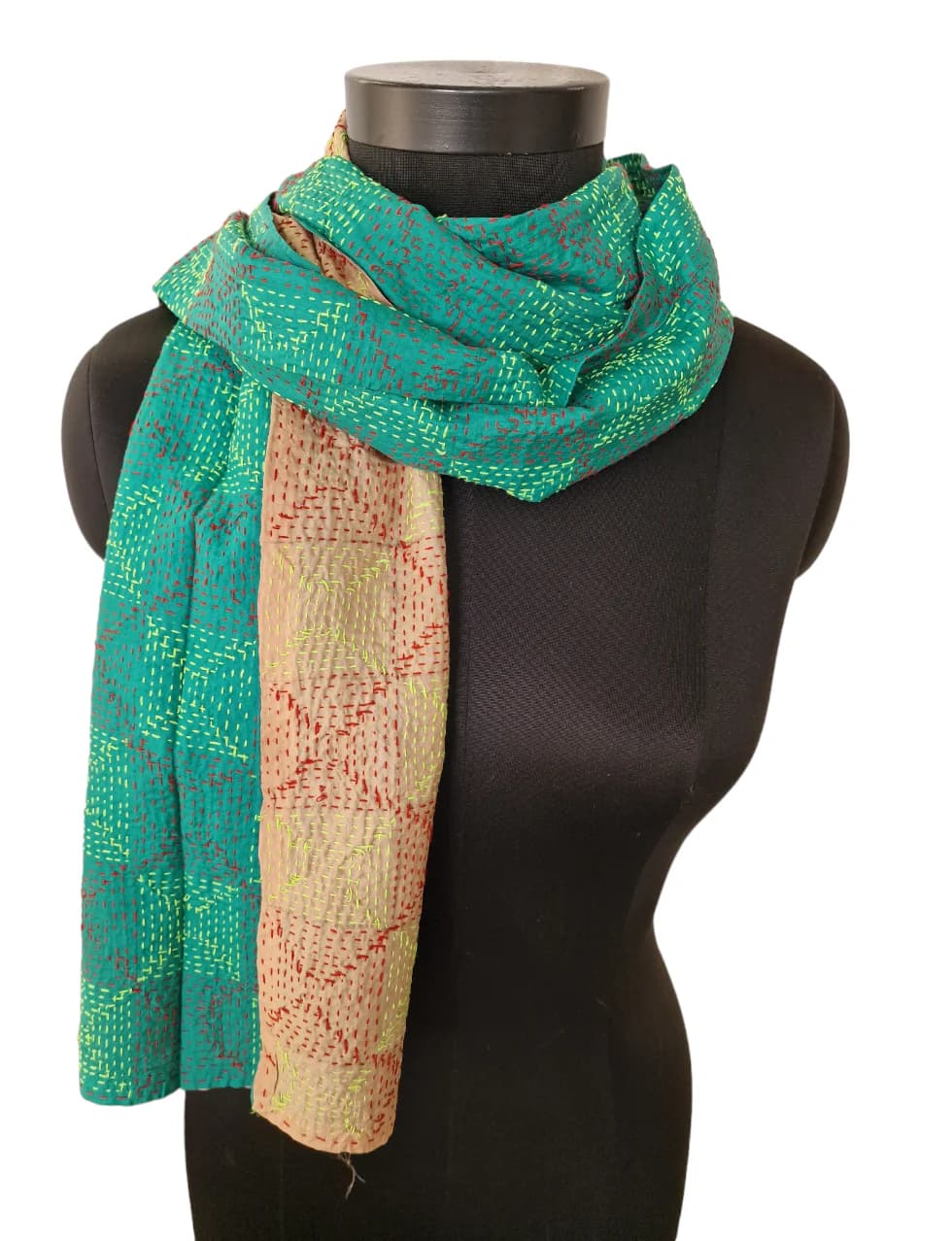 EMBROIDERED LIGHT GREEN AND BEIGE SILK SCARF
