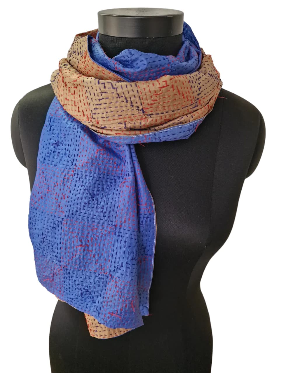 BLUE AND BEIGE SILK SCARF WITH HAND- EMBROIDERED SQUARE PATTERN