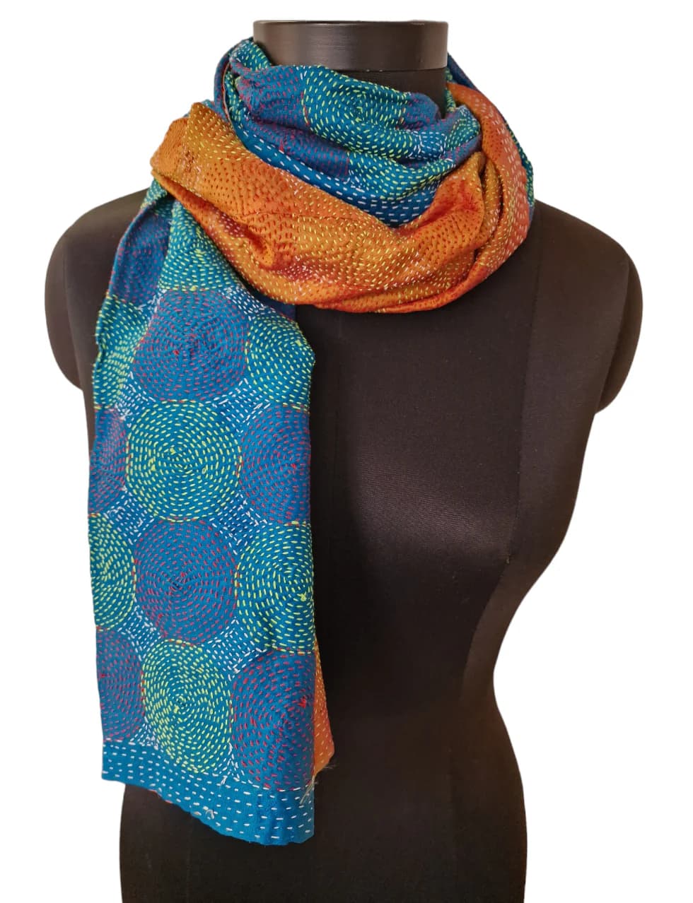 DOUBLE- SIDED HAND- EMBROIDERED BLUE AND YELLOW(ISH) SILK SCARF