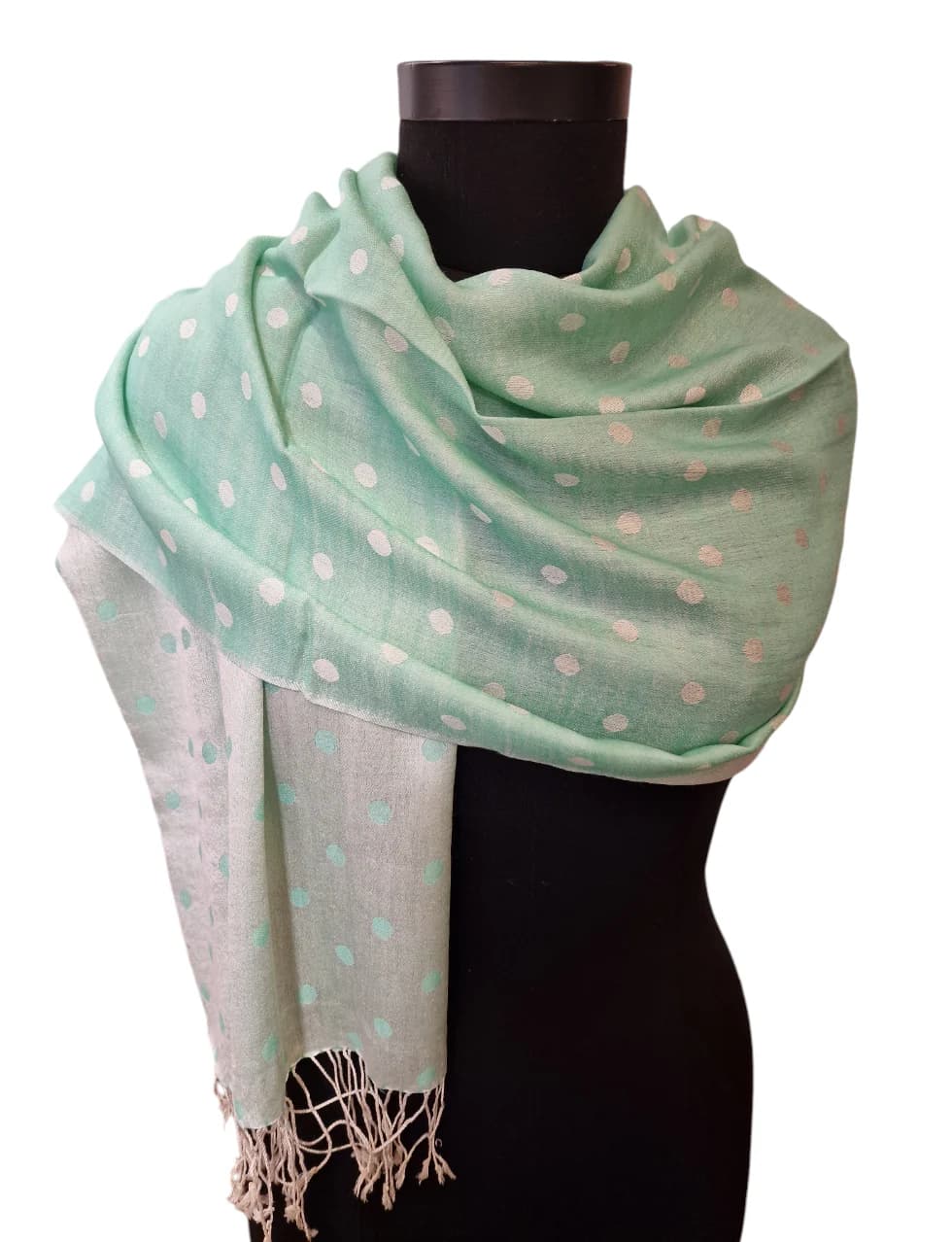 WHITE AND SPRING GREEN SILK SCARF WITH POLKA DOTS