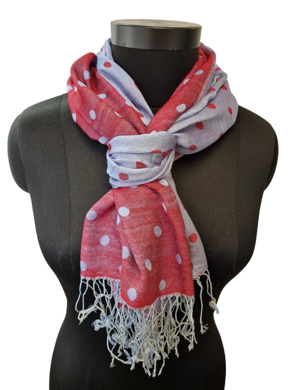 RASPBERRY AND GRAY SILK SCARF WITH POLKA DOTS