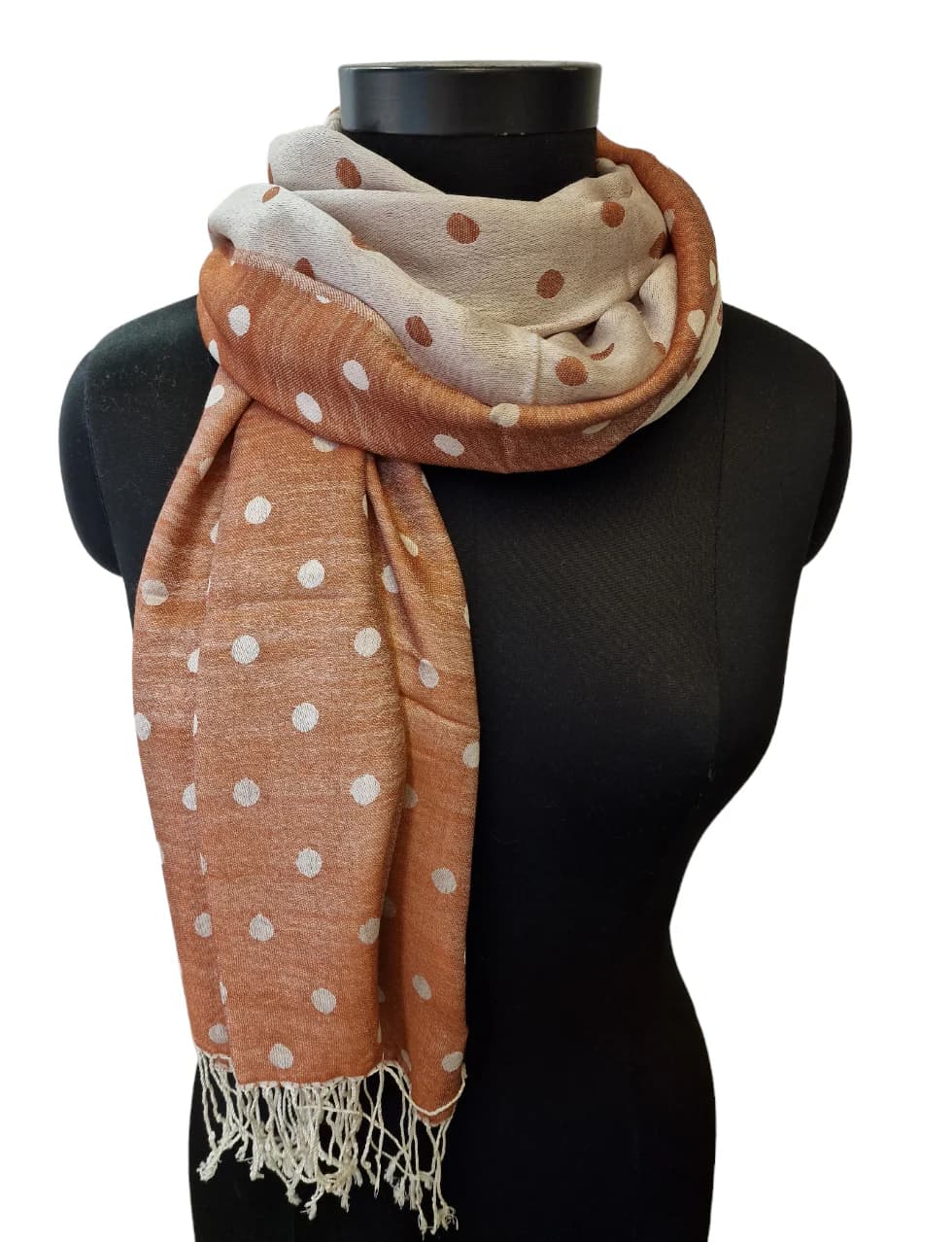 BROWN AND WHITE SILK SCARF WITH POLKA DOTS