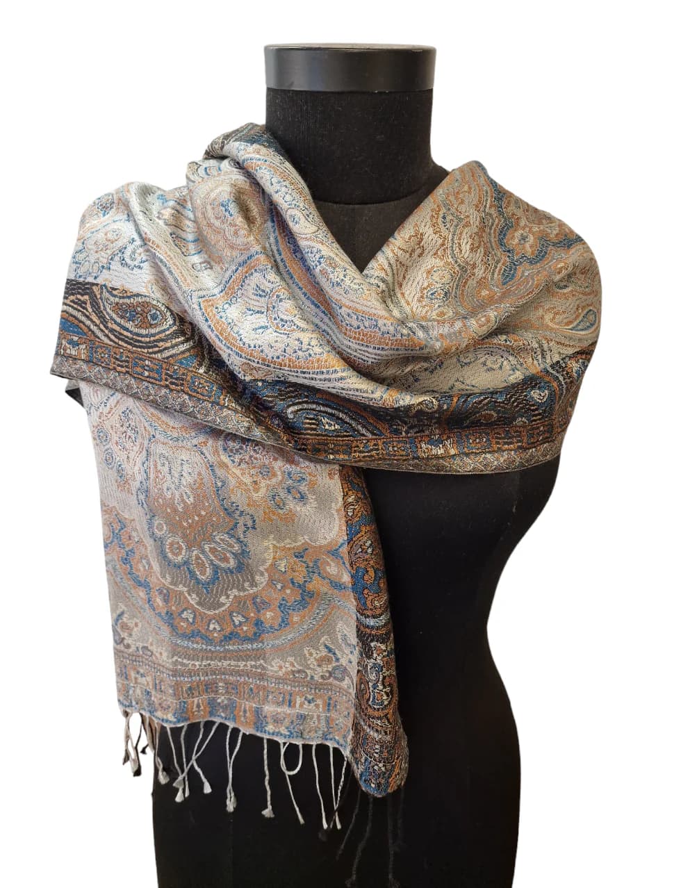 SILVER BLACK BEIGE AND BLUE JACQUARD WOVEN SILK SCARF