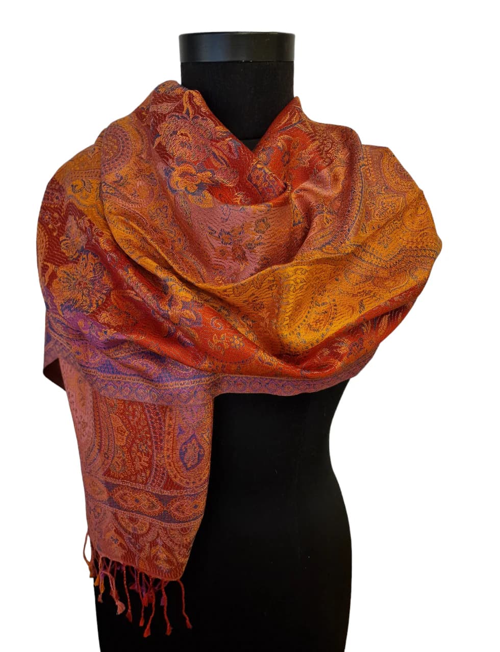 PINK, RED AND GOLDEN PAISLEY SILK SCARF