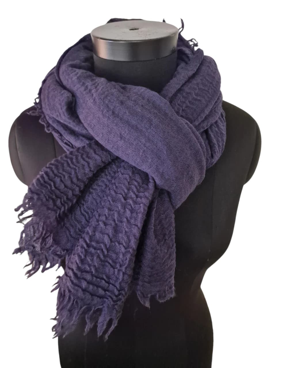 LARGE MEDIEVAL BLUE WOOL SCARF WITH ECSTATIC FRINGES