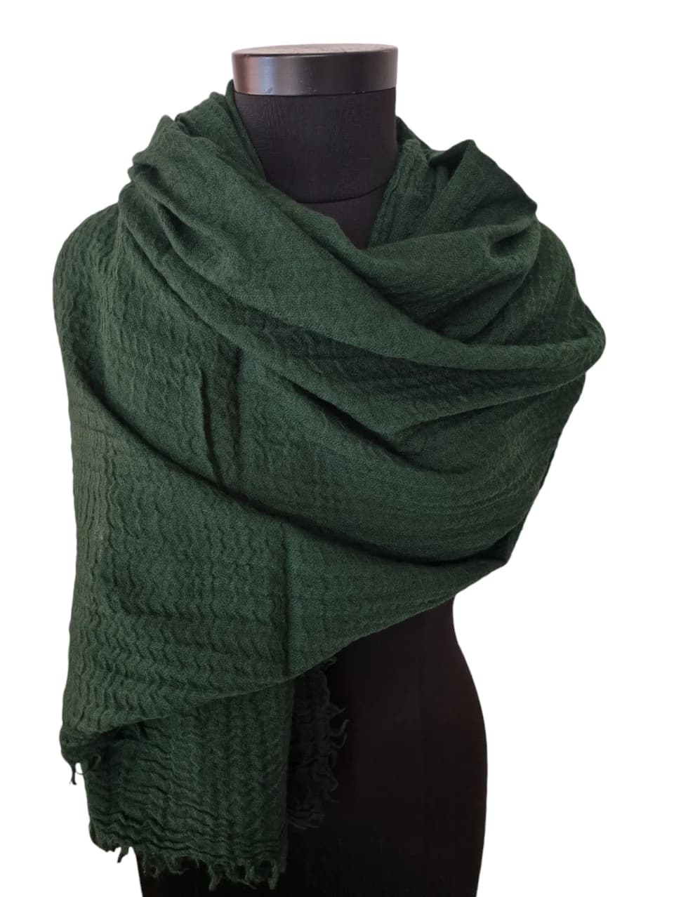 LARGE FOREST GREEN WOOLEN SCARF WITH RUFFLED FRINGES