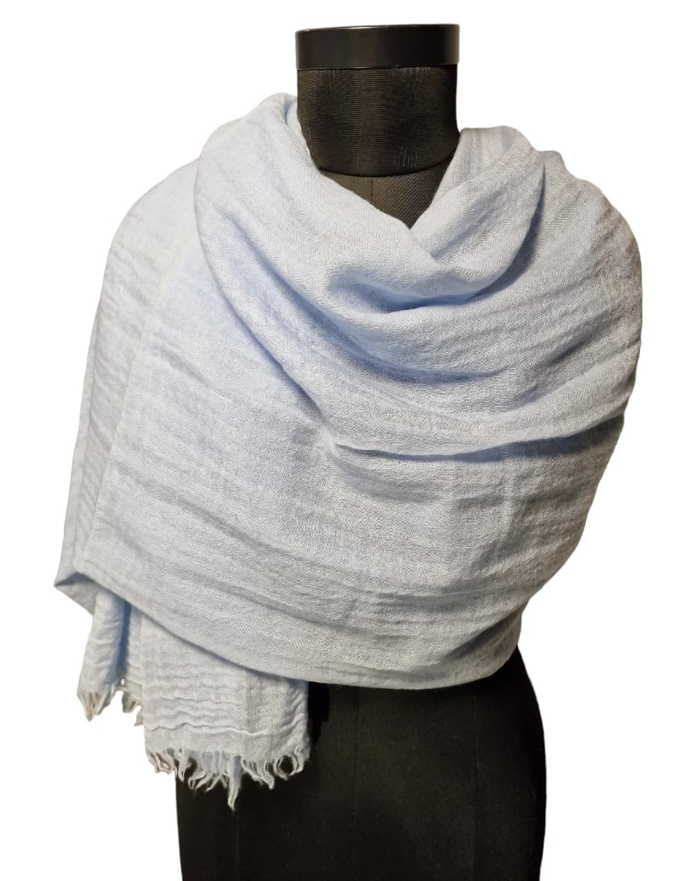 LARGE BRIGHT LIGHT BLUE WOOLEN SCARF WITH ROUGH FRINGES