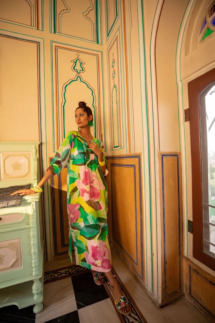 PAPER ROSE PRINT LINEN MAXI DRESS MULTI