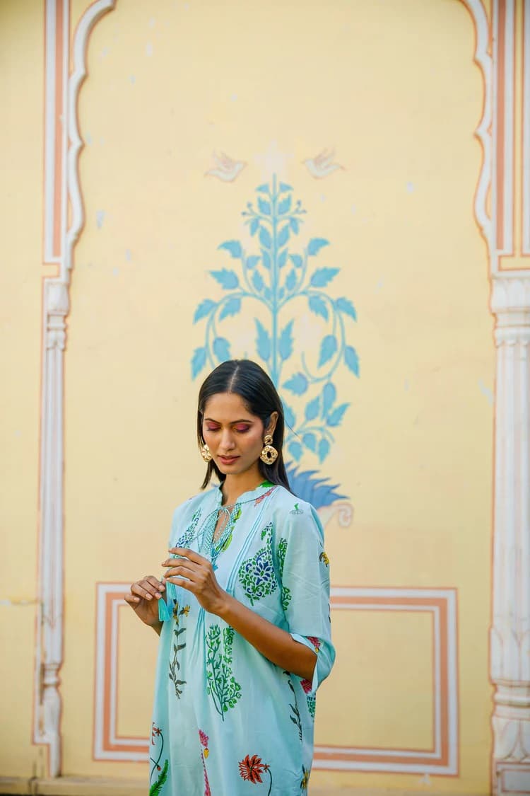 BOTANICAL TASSLE KURTA COTTON PERSIAN BLUE