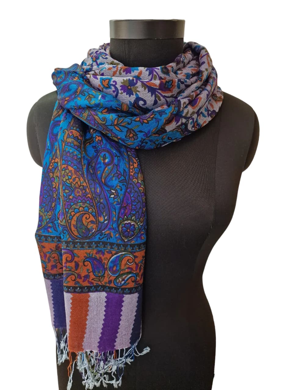 BLUE-GREY CASHMERE/SILK SCARF WITH SCREEN PRINTED PATTERN
