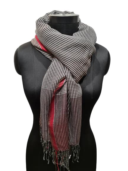 STRIPED BEIGE AND MAROON SCARF IN CASHMERE AND SILK