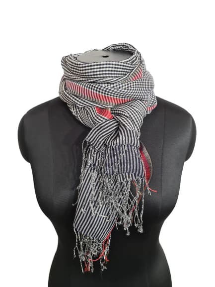 CASHMERE AND SILK SCARF WITH CHECKS AND STRIPES IN WHITE, BLUE AND BLACK