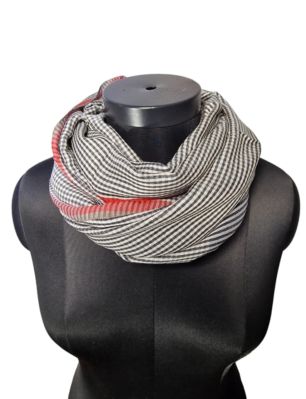 CASHMERE AND SILK SCARF WITH CHECKS AND STRIPES IN WHITE, BROWN AND GREY