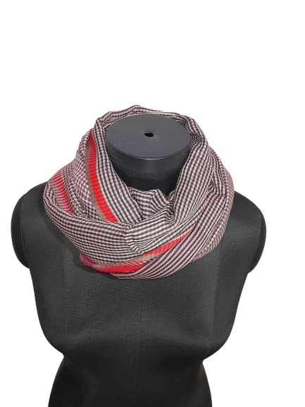 CASHMERE AND SILK SCARF WITH CHECKS AND STRIPES IN BLACK, WHITE AND PURPLE/ DARK PINK COLORS