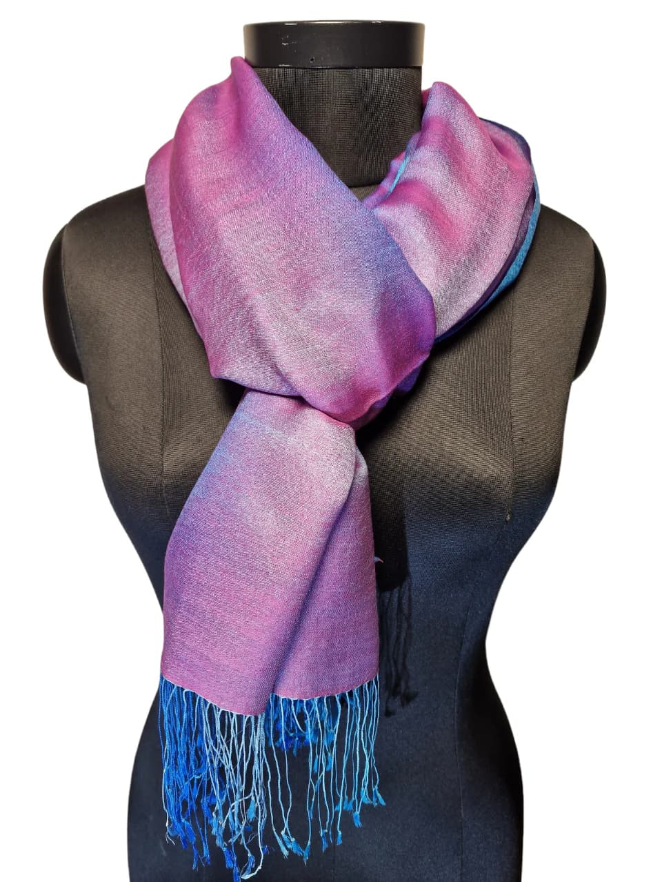 MULBERRY SILK AND CASHMERE SCARF IN RED/PINK/PURPLE AND BLUE