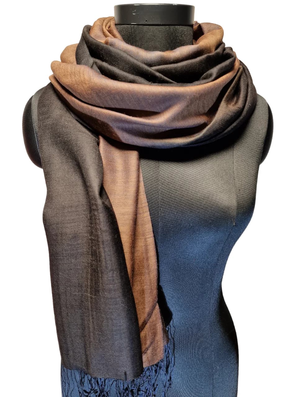 MULBERRY SILK CASHMERE SHAWL IN BLACK, BROWN AND A HINT OF BLUE