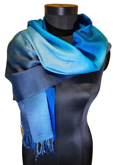 BEAUTIFUL CASHMERE/SILK SCARF IN PETROL/ TURQUOISE AND BLUE