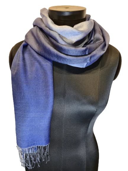 BLUE AND SILVER CASHMERE AND MULBERRY SILK SCARF