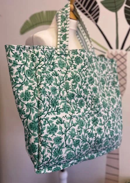 BEACH BAG, XL GREEN AND WHITE FLORAL PRINT TOTE BAG, LARGE COTTON BEACH BAG