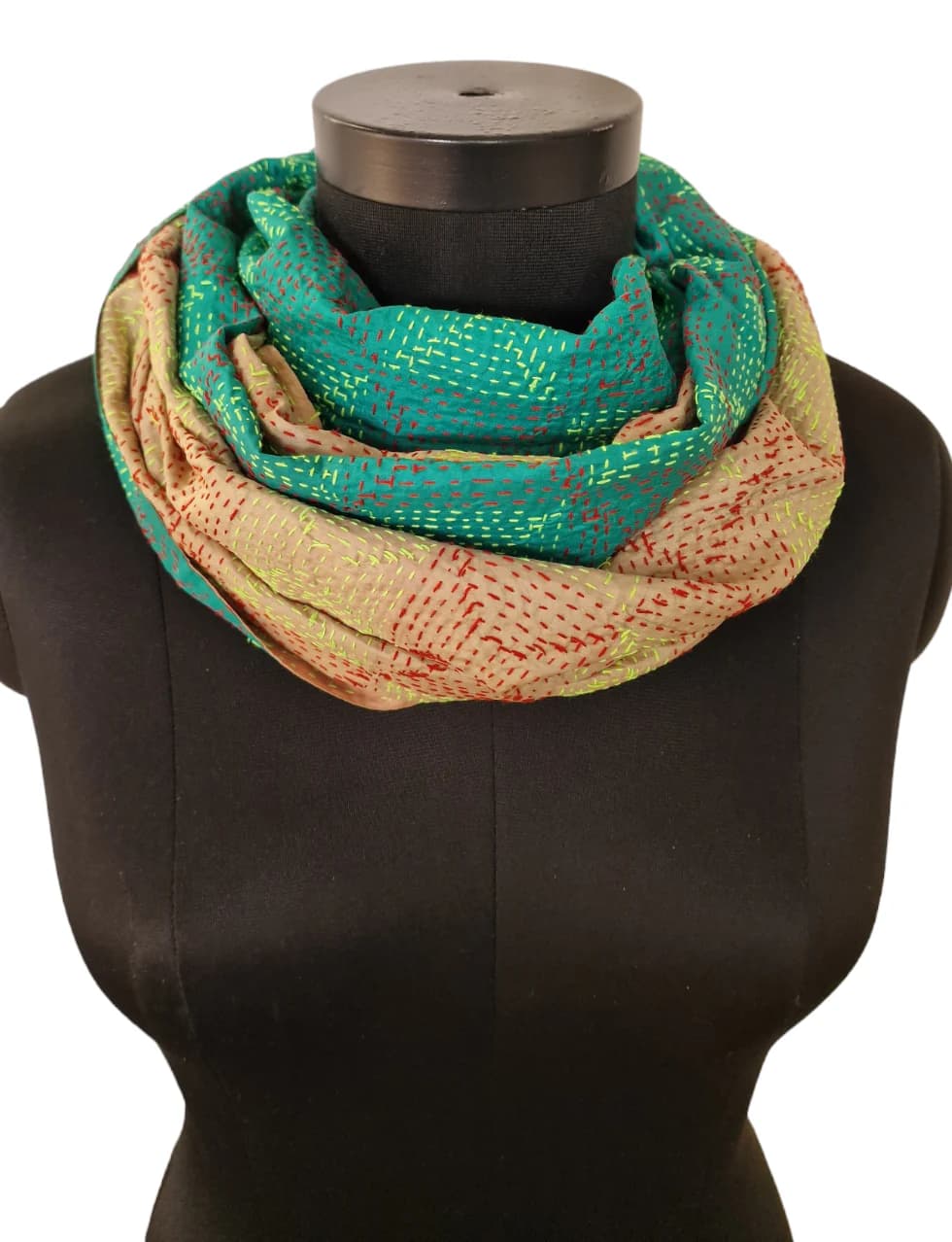 EMBROIDERED LIGHT GREEN AND BEIGE SILK SCARF