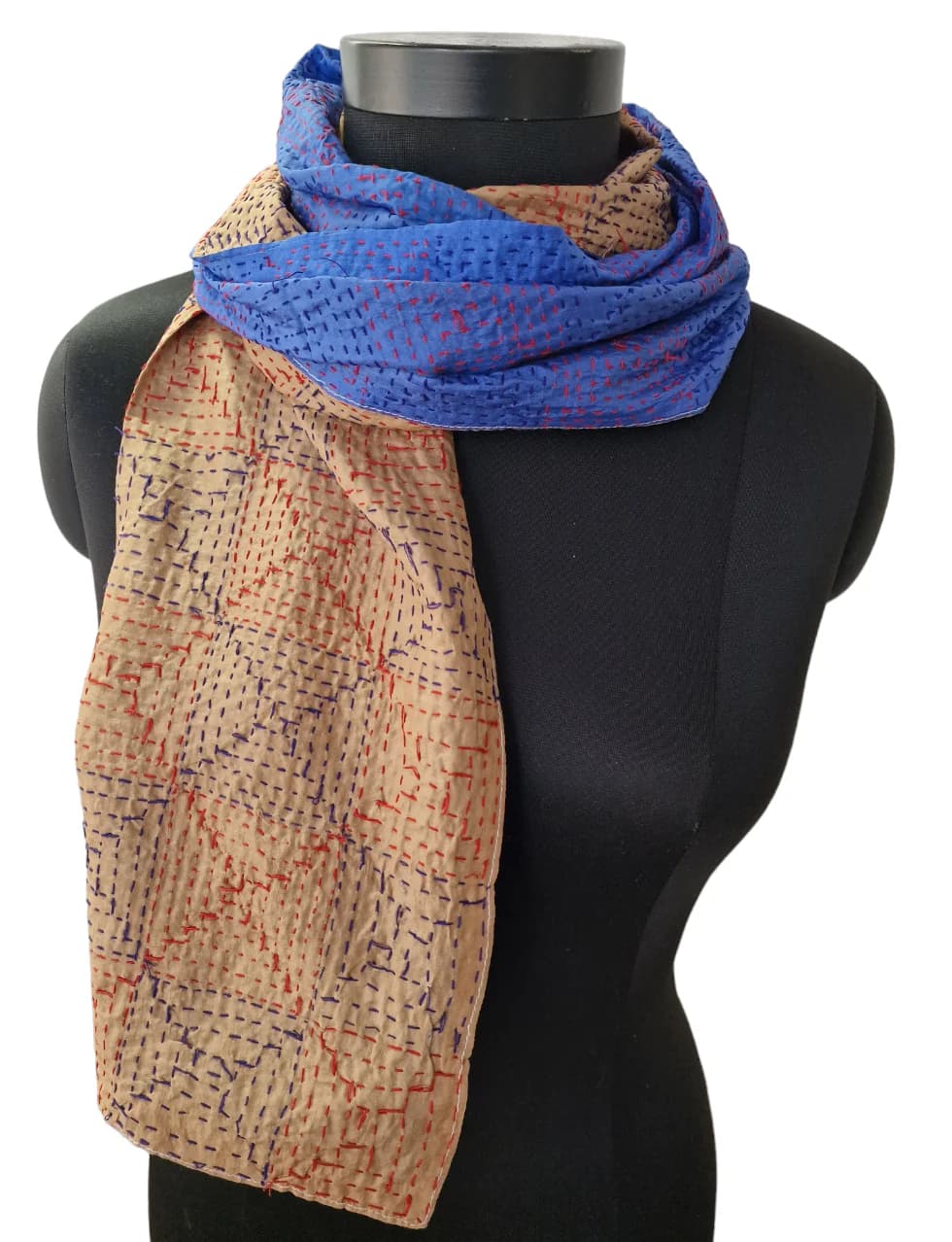 BLUE AND BEIGE SILK SCARF WITH HAND- EMBROIDERED SQUARE PATTERN