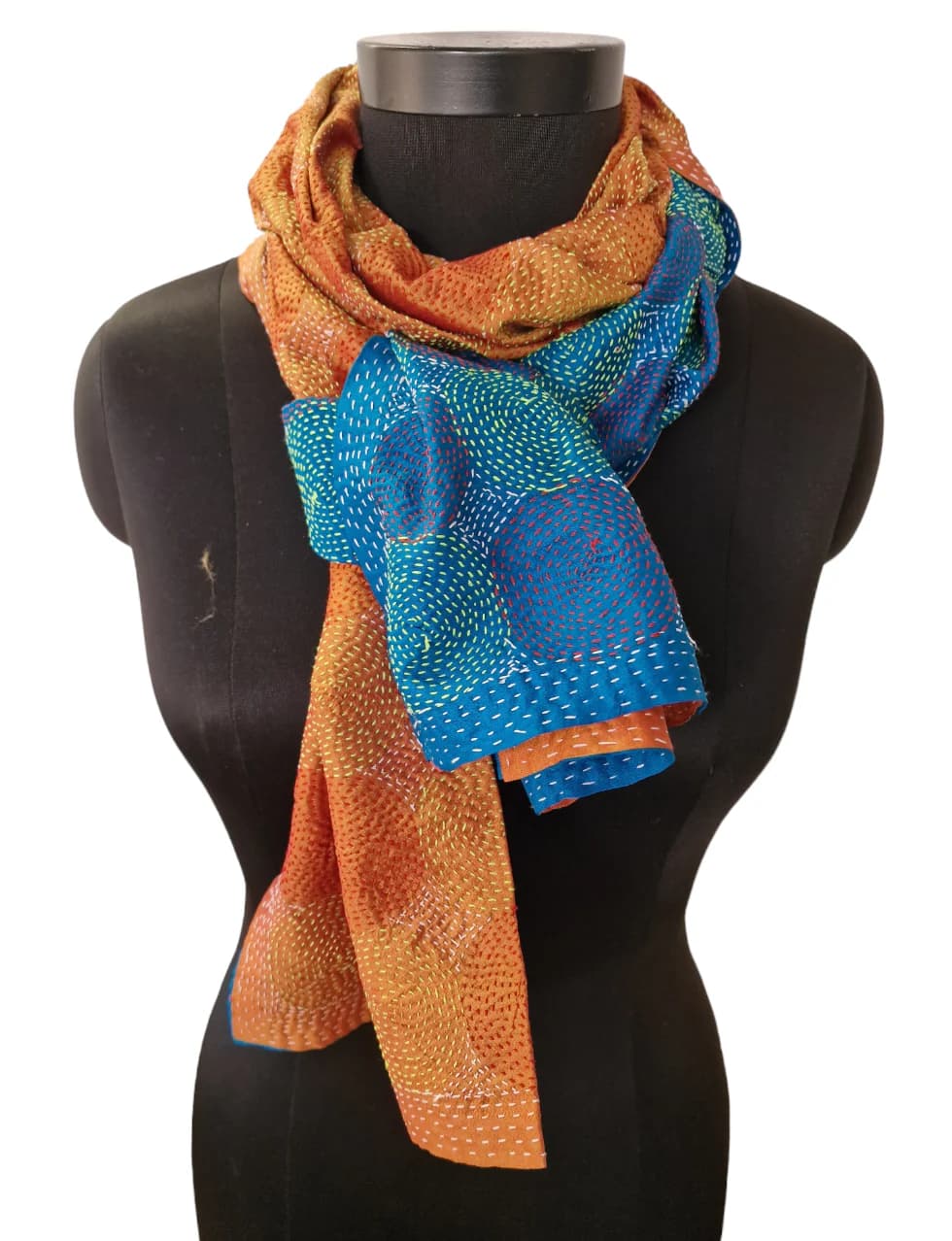 DOUBLE- SIDED HAND- EMBROIDERED BLUE AND YELLOW(ISH) SILK SCARF