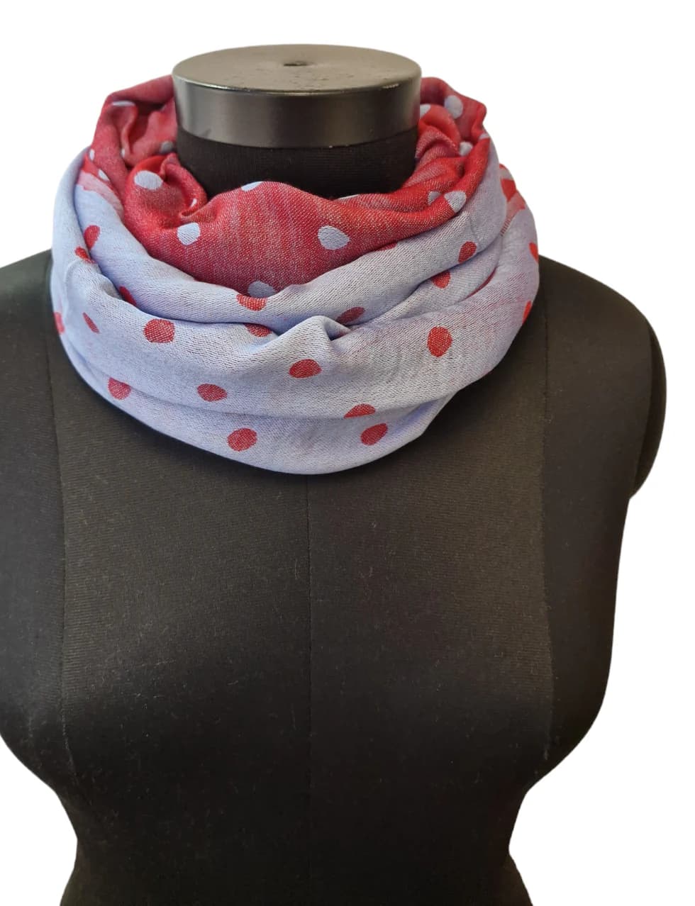 RASPBERRY AND GRAY SILK SCARF WITH POLKA DOTS